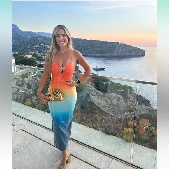 Sequin Gradient Sunset Beach Maxi Dress w/ Gold Starfish Emblem - Picture 3 of 5